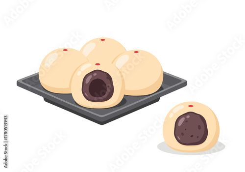 A clean vector illustration showcases a plate of Japanese manju, sweet buns with a rich red bean paste (anko) filling, isolated on a white background