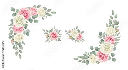 Watercolor floral arrangement with pink and white roses and eucalyptus leaves.
