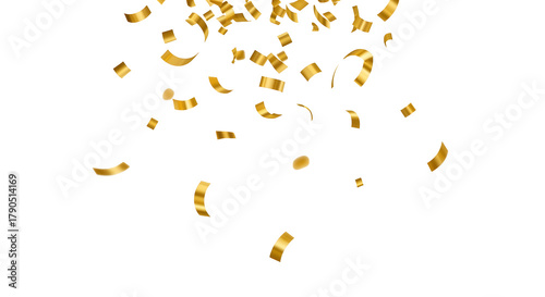 Falling gold metallic confetti, isolated on transparent background.