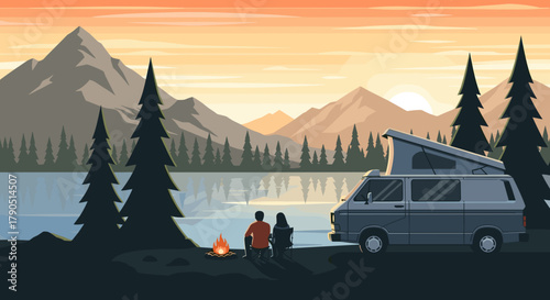 Couple sitting by a campfire near van at lakeside during sunset, for outdoor adventure marketing and travel planning  