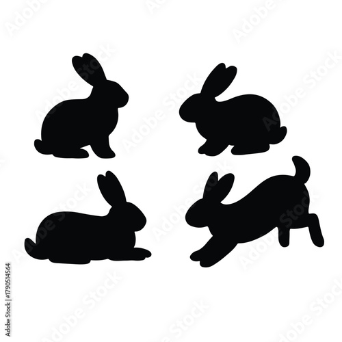 Set of Black Rabbit Silhouettes in Various Poses