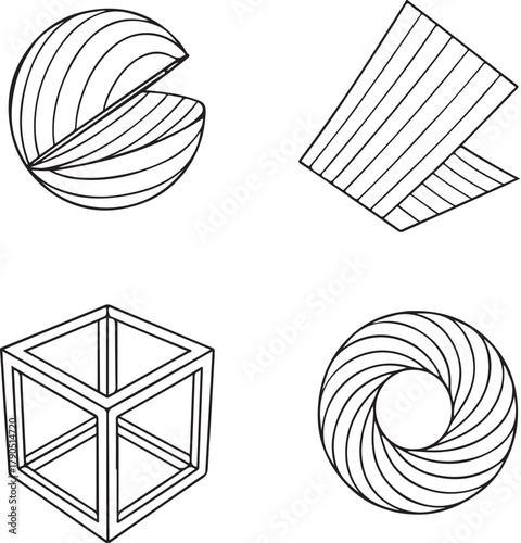 rtistic geometric sculptures ? sphere cut, folded plane, cubic frame, and twisted ring.eps