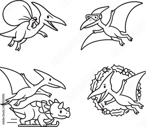 Pterodactyl Christmas Designs in Black and White Vector.eps