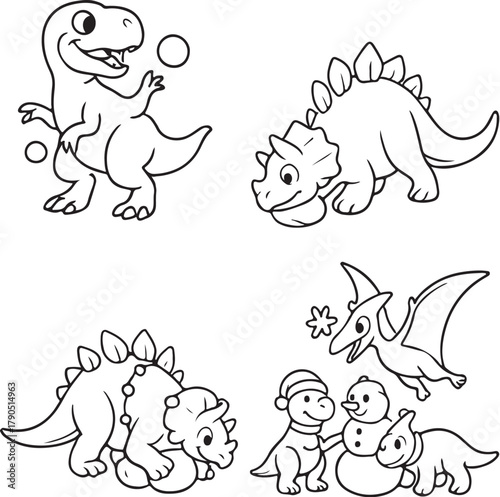 Dinosaur Snowball Fight Scenes in Black and White Vector.eps