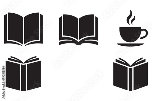 Book and coffee cup group silhouette icon set, reading and relaxation concept on white background illustration
