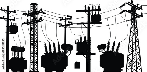 Silhouette vector illustration of electrical power infrastructure—transformers, transmission towers, utility poles, voltage system, energy grid, industrial distribution layout
