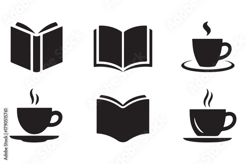 Book and coffee cup group silhouette icon set, reading and relaxation concept on white background illustration
