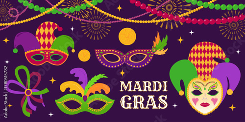 Bright carnival masks, strings of beads, and coins are symbols of Mardi Gras holiday. Vector elements carnival, masquerade, festival for greeting cards, posters, flyers, banners, invitations