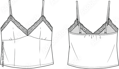 Camisole, fashion sketch, lingerie, technical drawing, lace trim, adjustable straps, intimate wear, garment design, apparel illustration, front back view