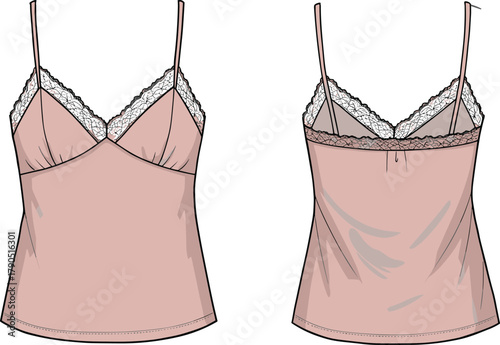Women's camisole top, pink lingerie, lace trim, spaghetti straps, fashion sketch, garment design, apparel illustration, feminine style, front back view