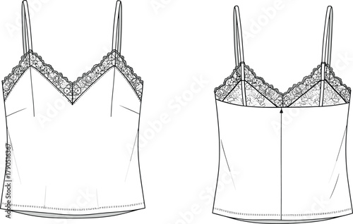 Women's camisole, fashion sketch, lingerie illustration, lace top, technical drawing, garment design, intimate wear, apparel template, front back view