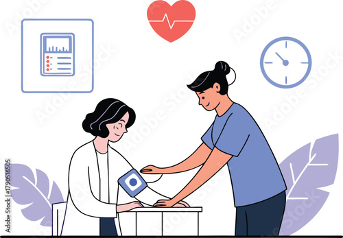 Nurse or doctor carefully measuring a patient's blood pressure, monitoring cardiovascular function during a checkup.