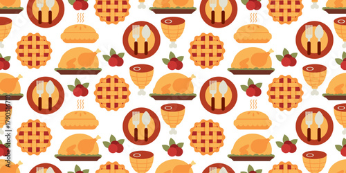 Seamless pattern featuring roast turkey, cherry pie, apple pie, and utensils. Perfect for Thanksgiving textile and wrapping designs.