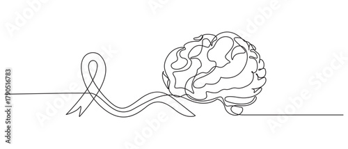 epilepsy day concept one line art drawing,Continuous Line Drawing of a Human Head with Brain and Thought Process