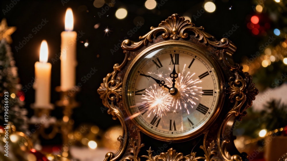 Fototapeta premium Antique clock striking midnight with candles and Christmas decor 
