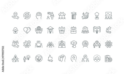 Corporate and individual training for goal achievement thin black and red outline symbols vector illustration Training and coaching, support for life and career, mindset change line icon set.