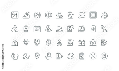 Capacity and fast charge of phone and electric scooter thin black and red outline symbols vector illustration Charging battery and accumulator, electro car charger, power supply line icon set.