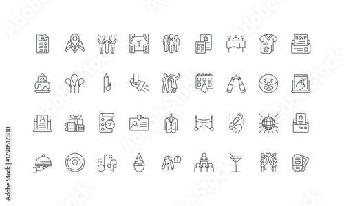 Collection of thin personal or business for organization and entertainment, catering, invitations, celebration, planning, party management, event representing icons line use vector illustration
