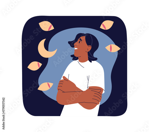 Nyctophobia, phobia of darkness. Man afraid of monsters, scared by watching eyes. Anxious imagination, fear at night. Mental disorder, psychology concept. Flat isolated vector illustration on white.