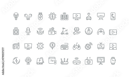 Robot vacuum cleaner, drone and action camera, smart plug thin black and red outline symbols vector illustration Tech gadgets and equipment, headphones and speakers, smartphone, laptop line icon set.