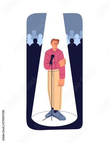 Concept of glossophobia, phobia of public speaking. Fear of performance on stage for audience. Nervous person afraid of speech with microphone. Flat isolated vector illustration on white background.