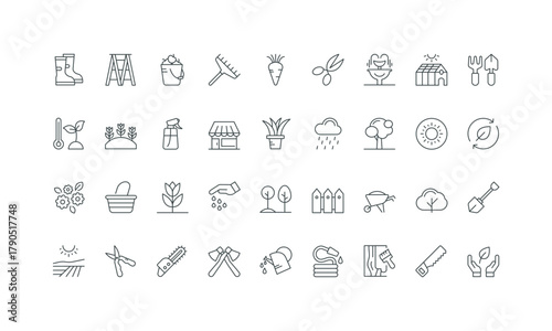 Gardeners equipment for hobby and agriculture works thin black and red outline symbols vector illustration Garden tools, harvest of greenhouse and rural field, seedling plant growth line icon set.