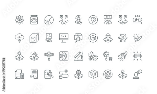 Product development, concept research and market analysis, roadmap line icon set. Product manager team support, data collection and description thin black and red outline symbols vector illustration