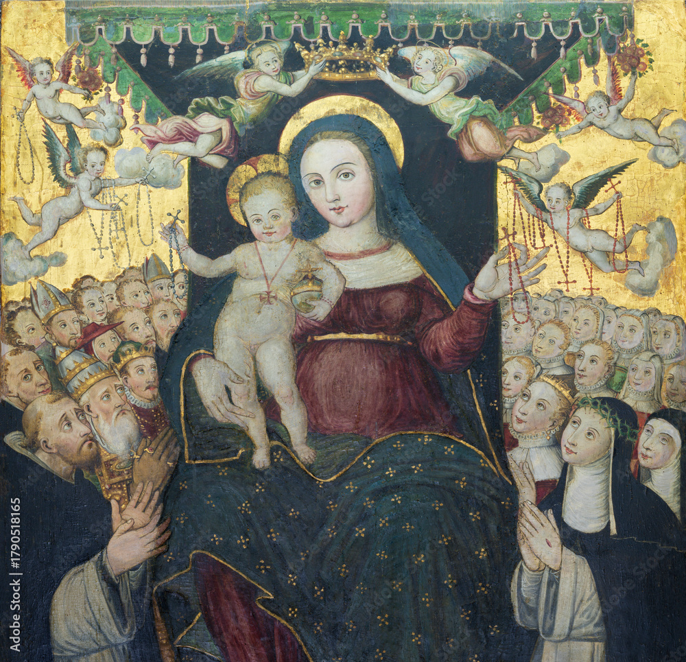 Fototapeta premium PRAIANO, ITALY - OCTOBER 6, 2025: The detail of painting of Madonna of Rosary among the saints and angels in the church Chiesa di san Luca by Padovano de Montorio (1572)