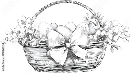 Easter Wicker Basket with Bow, Flowers and Paint Vector