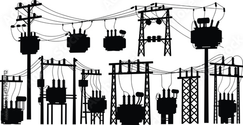 Silhouette vector illustration of electrical transformers and power distribution structures—voltage system, utility pole network, substation layout, energy grid infrastructure