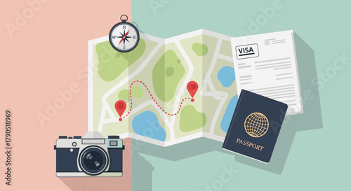 Travel map with icons, passport, and visa for travel planning and adventure documentation