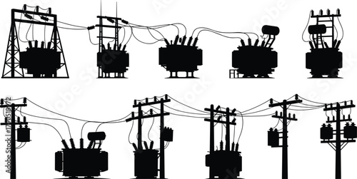 Silhouette vector illustration of electrical transformers and power lines—utility pole setups, voltage system, energy grid, industrial infrastructure layout design