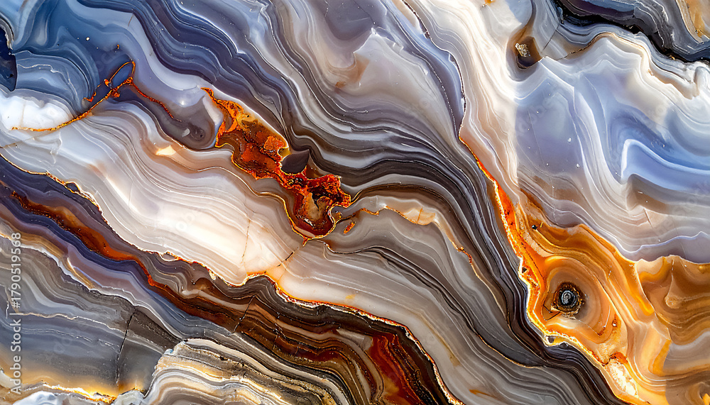 Fototapeta premium Abstract, close-up texture of polished Syenite or Agate slab. The surface features dramatic, flowing waves of color, including rich browns, oranges, gray, and white, perfect for luxury interior design