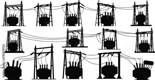 Silhouette vector illustration of electrical transformers and transmission structures—power distribution infrastructure, voltage system, substation layout, energy grid network design