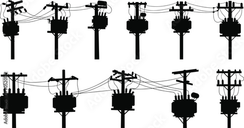 Silhouette vector illustration of electrical transformers and utility poles—power distribution infrastructure, voltage system, energy grid, substation layout, industrial network