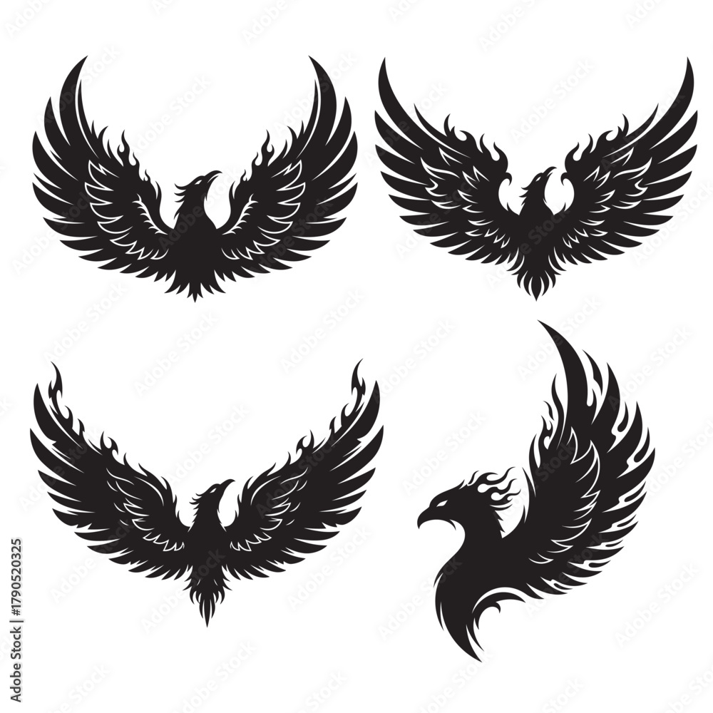 Obraz premium Phoenix Bird Logo Set Mythological Firebird, Eagle, and Falcon Emblems with Flames and Open Wings.