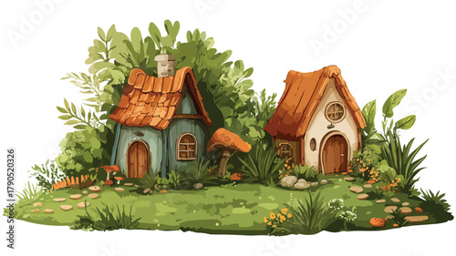 Enchanting Fairy Garden Houses on Vibrant Green Lawn Vector