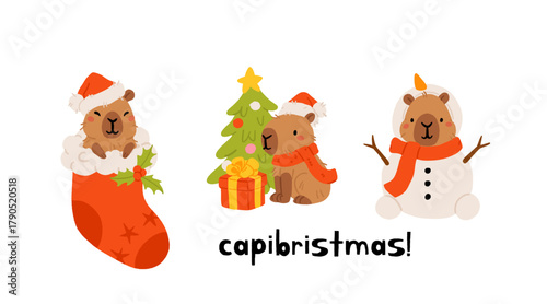 Cute Christmas capybara sticker set. cozy festive vector illustration with Santa capybara, snowman, cocoa mug, gift box, sleigh, cookies and lights. adorable kawaii animal collection for winter design