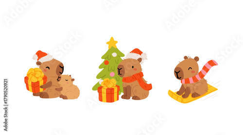 Cute Christmas capybara sticker set. cozy festive vector illustration with Santa capybara, snowman, cocoa mug, gift box, sleigh, cookies and lights. adorable kawaii animal collection for winter design