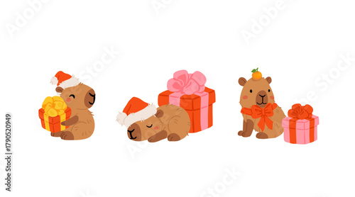 Cute Christmas capybara sticker set. cozy festive vector illustration with Santa capybara, snowman, cocoa mug, gift box, sleigh, cookies and lights. adorable kawaii animal collection for winter design