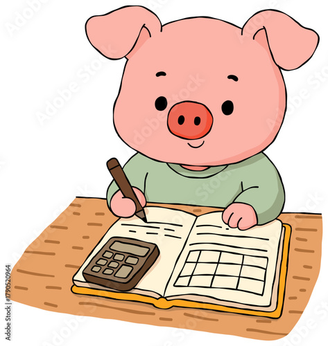 pig accountant, hand-drawn drawing style.