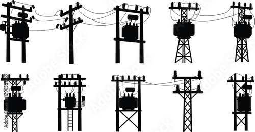 Silhouette vector illustration of electrical transformers on poles and towers—power distribution infrastructure, voltage system, energy grid, substation layout design