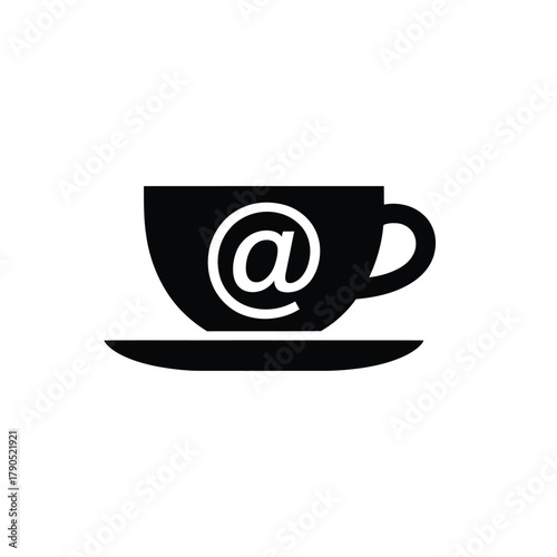 Black coffee cup with at symbol on saucer icon