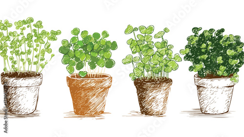 Fresh Micro Green Growing in Pots Vector Set with Outline