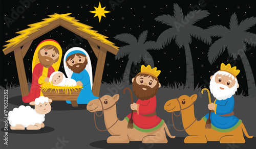 Nativity scene illustration, cartoon Christmas art, baby Jesus in manger, wise men with gifts, Bethlehem star, Christian holiday, festive design
