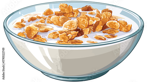 Elegant Gourmet Breakfast Cereal Bowl with Milk Glass Vector