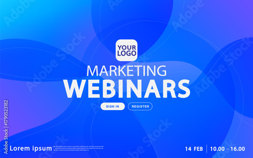 Webinar template features a professional abstract blue background for a corporate event. The digital fluid wave shapes create a modern ui design for a business presentation or conference banner.