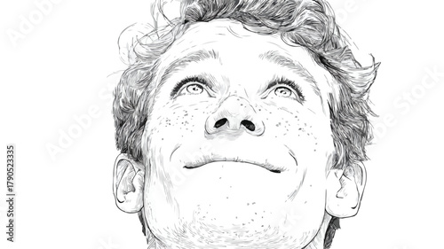Joyful Freckled Man Gazing Upward in Positive Expressions