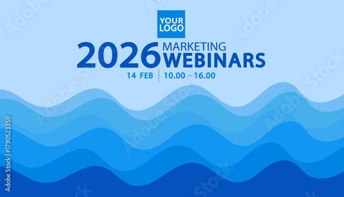 Announce your 2026 business event with this corporate webinar banner. This template features a modern abstract wave background, perfect for a marketing conference or future trends presentation.
