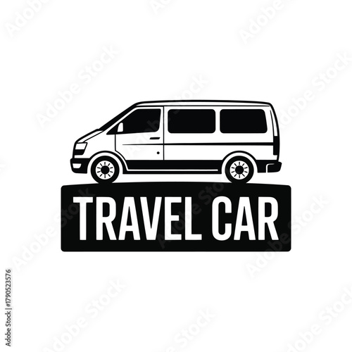 Black and white illustration of a van with the words travel car
